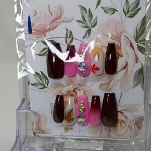 Pink and Brown Nail Set with Gem Accents